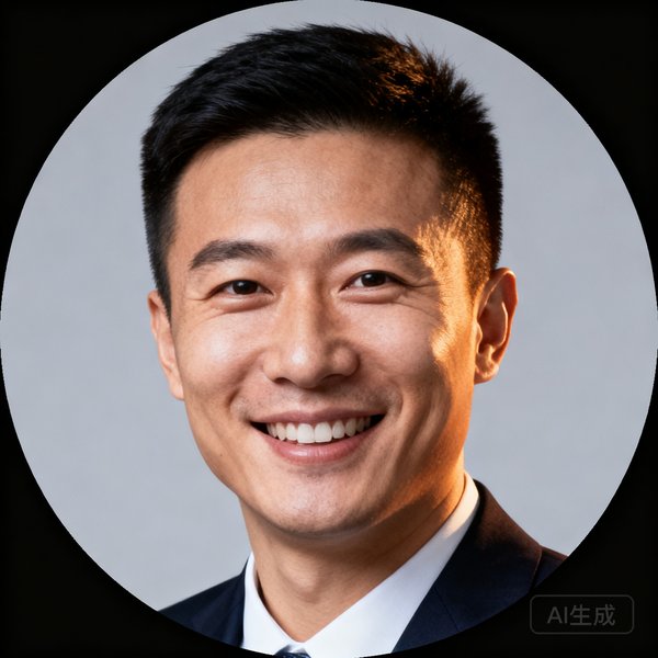 k1集团创始人兼CEO周磊的圆形头像，他穿着深色西装面带微笑，曾是中国羽毛球国家队队员