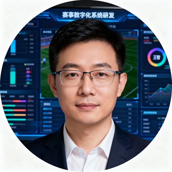 k1集团技术副总裁王智的圆形头像，戴着眼镜，背景是数据大屏，负责赛事数字化系统研发
