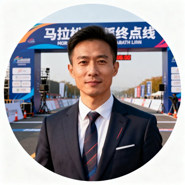 k1集团首席运营官张力的圆形头像，他站在马拉松终点线前，负责赛事运营统筹